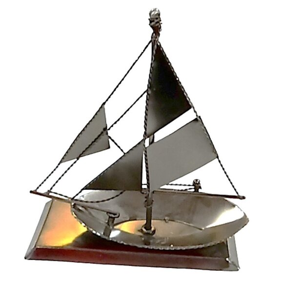 Brushed Metal Sailboat Sculpture on Metal Stand Nautical Decor - Picture 1 of 8